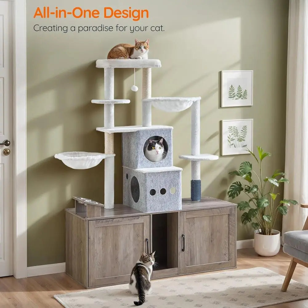 Cat Tree with 47.2 Dual Litter Box Enclosure, 63.4 Tall Multi-Functional Tower for Cats, Hidden Litter Box Enclosure Furniture,