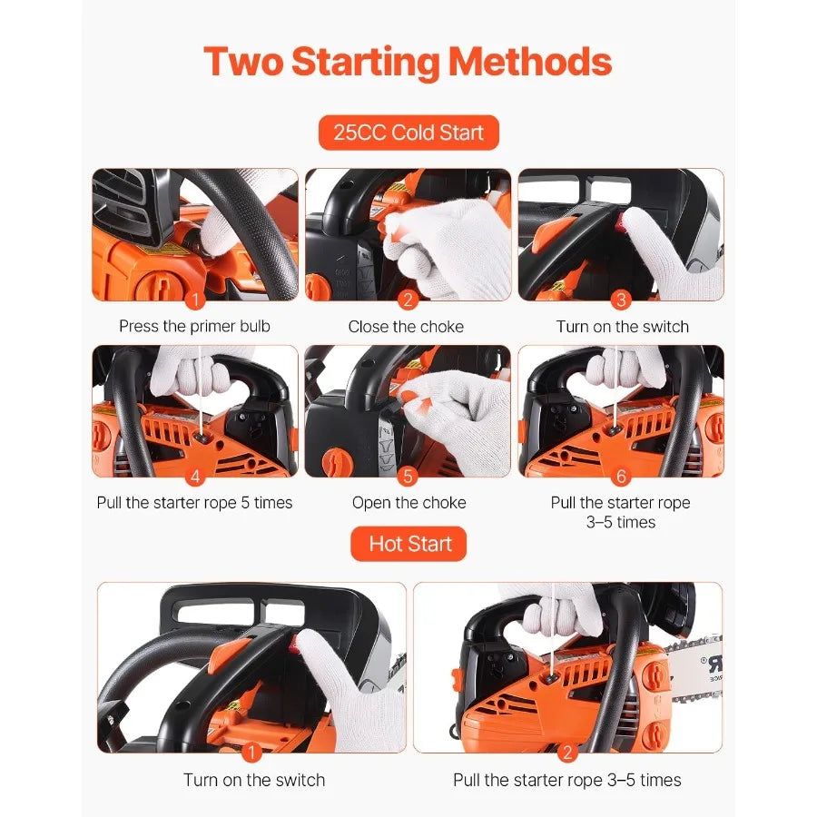 25.4 CC 2Cycle Top Handle Gas Powered Chainsaw 12 Inch Petrol Handheld Cordless Chain Saw for Tree Wood Cutting