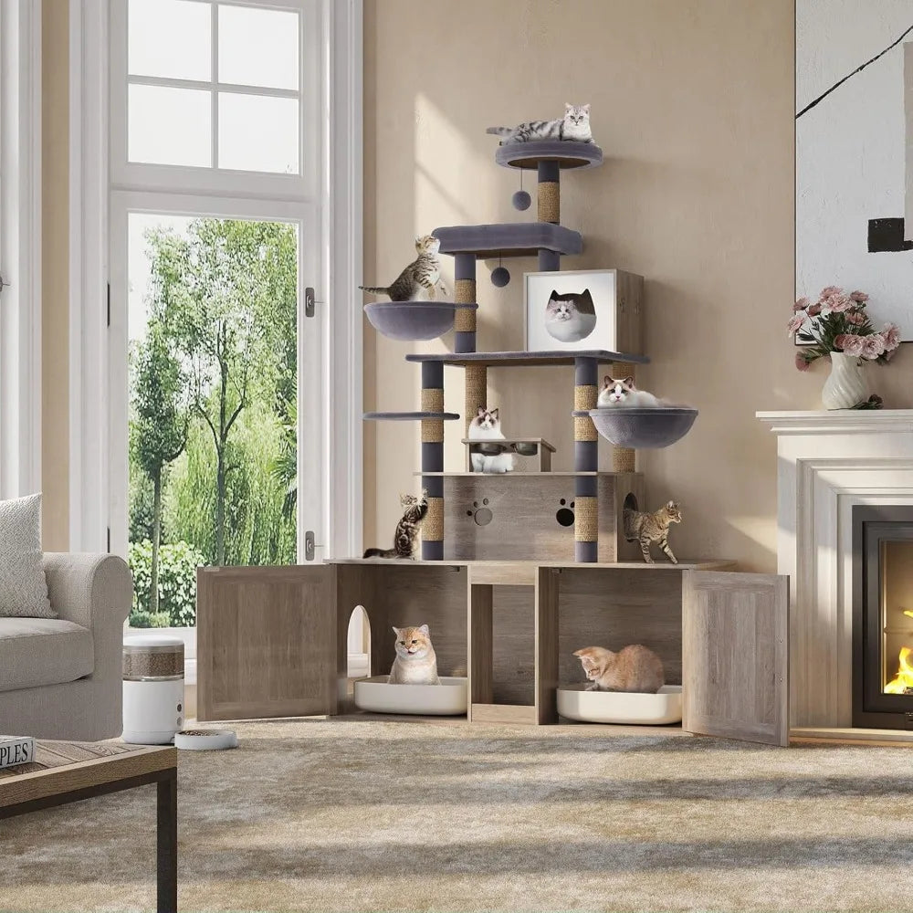 "two-tier cat tree with dual litter box huts, comprehensive cat tower, feline condo featuring sisal scratching posts, hanging be