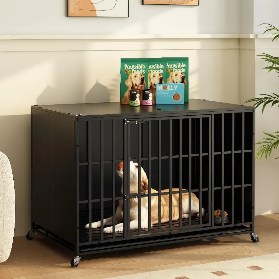 48/42 inch Heavy Duty Indestructible Dog Crate for High Anxiety Large Dogs Extra Large Steel Escape Proof Dog Kennel with Wheel