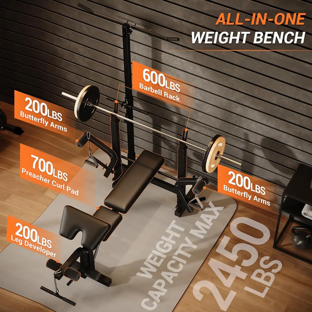 7 in 1 Strength Training Bench with Squat Rack 900 LBS Capacity Multifunctional Adjustable Foldable Workout Bench for Home Gym