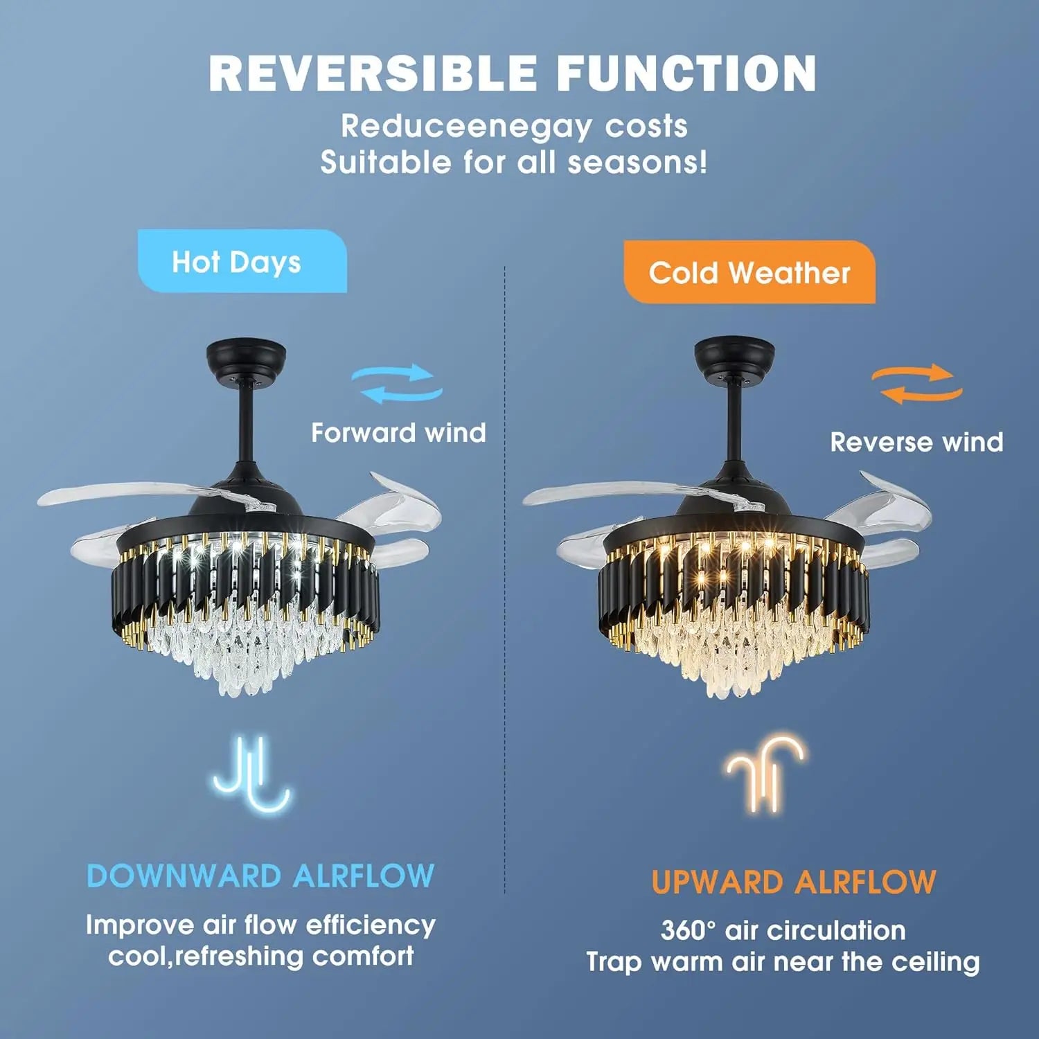 42 Inch Dimmable Crystal Ceiling Fans with Light Modern Chandelier Fan LED Fandelier with Remote 6 Speed, 3 Light Change Retract