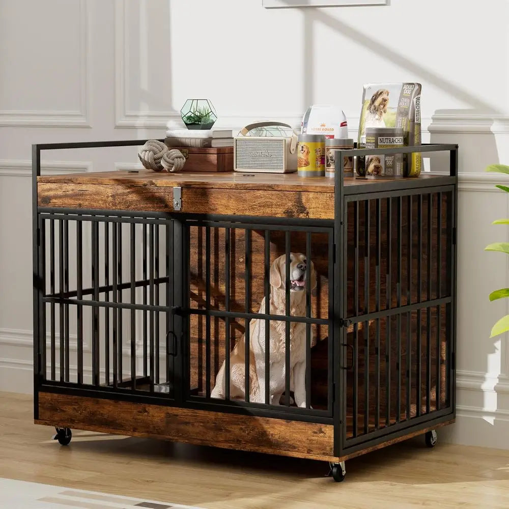 45 Inch XL Dog Crate with Stainless Steel Bowls, Heavy Duty Indoor Kennel, Wooden Dog Crate Table for Home Decor