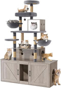 "two-tier cat tree with dual litter box huts, comprehensive cat tower, feline condo featuring sisal scratching posts, hanging be