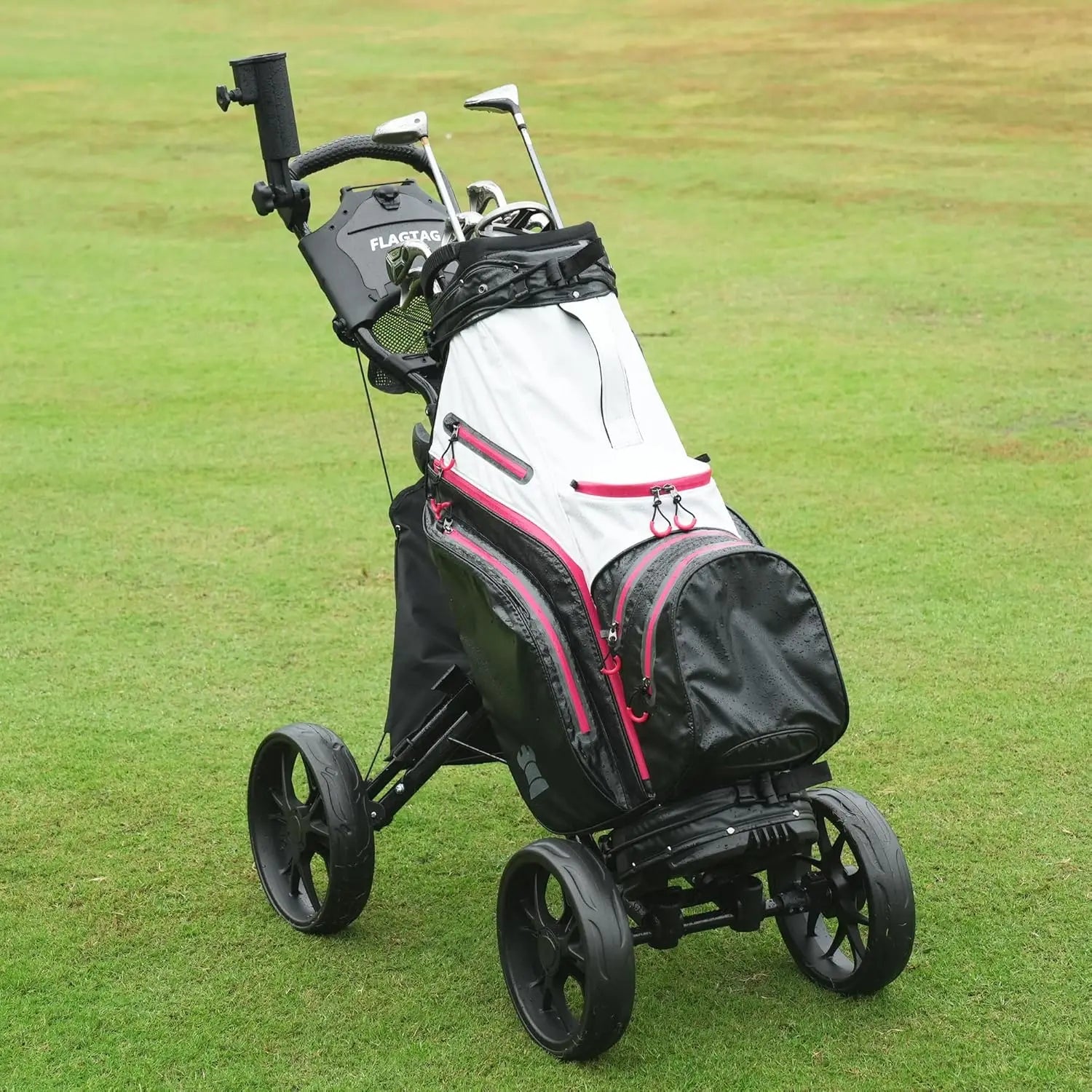 4-Wheel Folding Golf Push Cart with Adjustable Handle, Cup Holder, Umbrella Holder & Cooler Bag