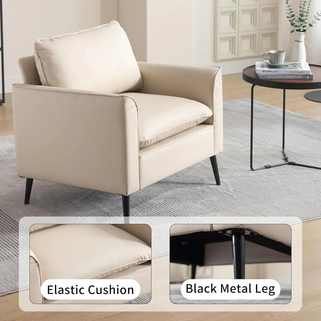 Mid-Century Accent Chair PU Leather Metal Legs Bedroom Office Cafe Beige Customized