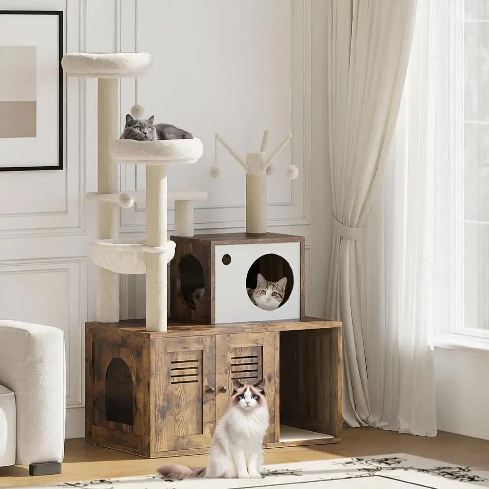 Litter Box Enclosure with Tree Tower and Condo, Wooden Cat Tower with Scratching Posts, Cat Hammock, Hidden Litter Box Furniture