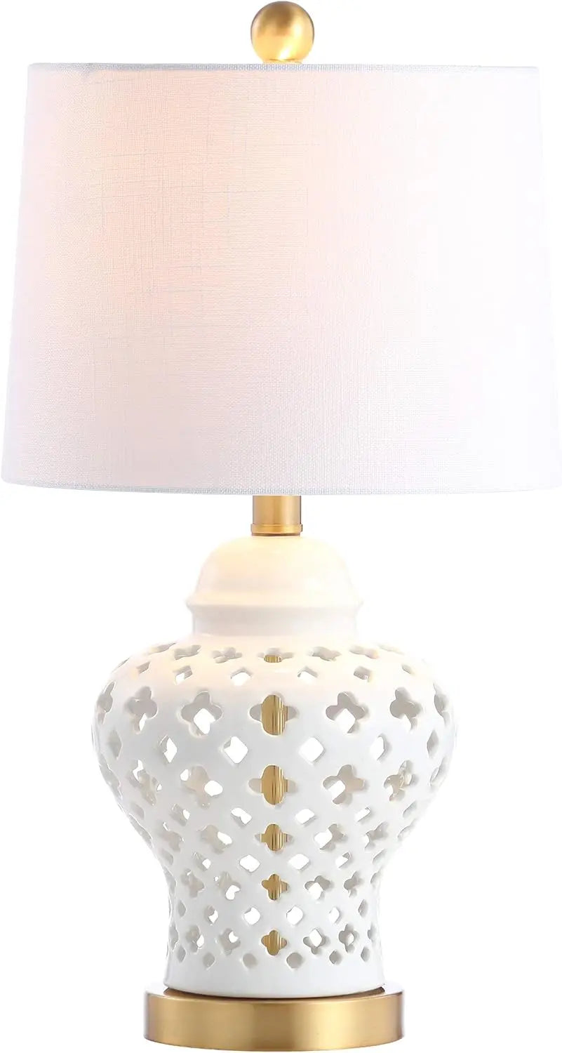 White Porcelain LED Table Lamp with Quatrefoil Design, 20.5" Height for Bedroom Desk Nightstand