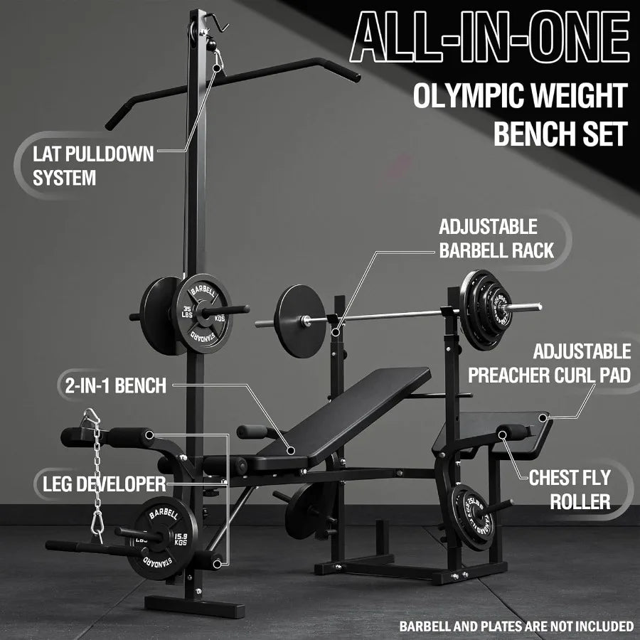 8 in 1 Weight Bench Set with Leg Extension and Leg Curl, Multi-Function Bench Press Set with Preacher Curl Pad and Chest Fly, Fu