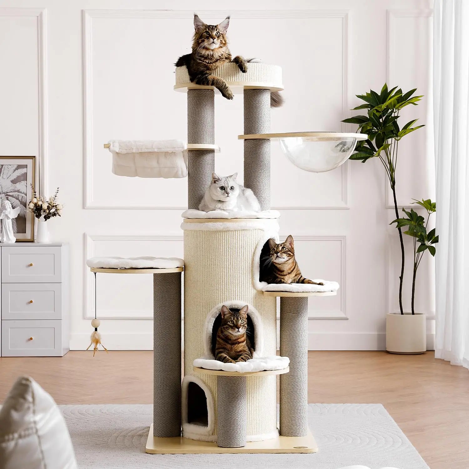 63 Inches Castle for Indoor Cats, Tall Wood Cat Tree with Hanging Toys, Solid Tower with Scratching Post, Cat, Customized