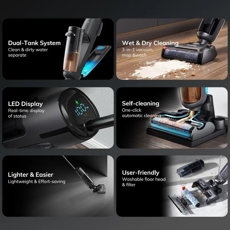 ILIFE W90 Pro Cordless Wireless Wet Dry Smart Mop Washing ,7000Pa Suction, 1Min Self Cleaning, Large Dual Water Tank,Update W90