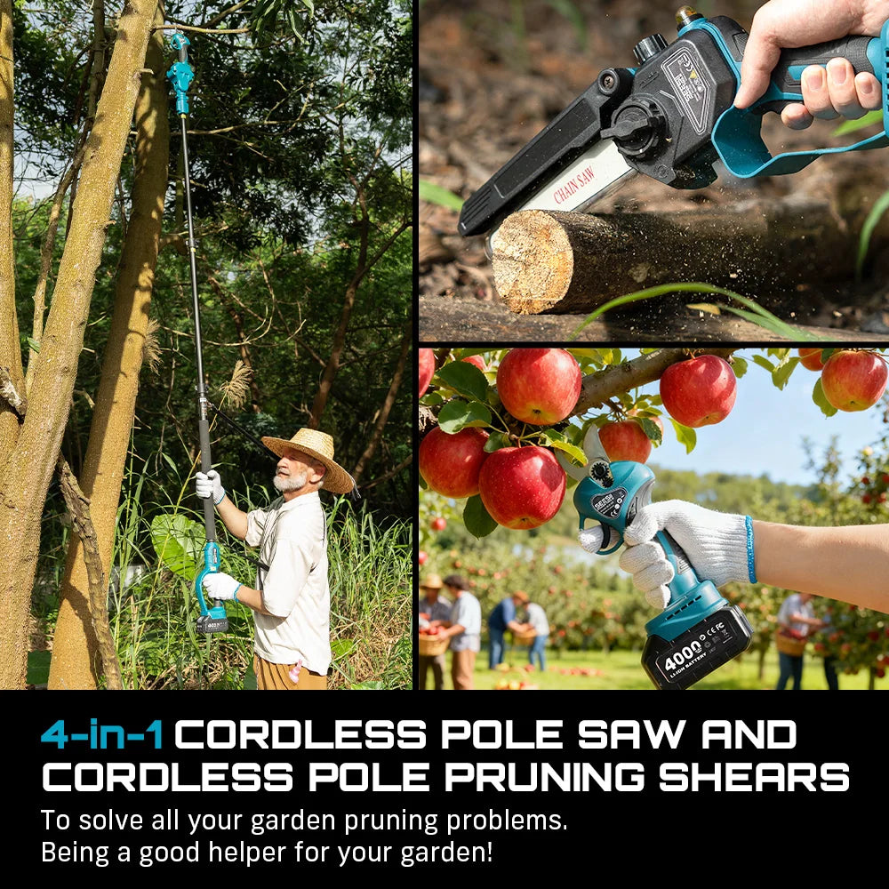 Seesii 3-in-1 6'' Electric High Branch Saw Brushless Chainsaw w/2.4m Extension Telescopic Rod Wood Cutter Pruning Garden Tools