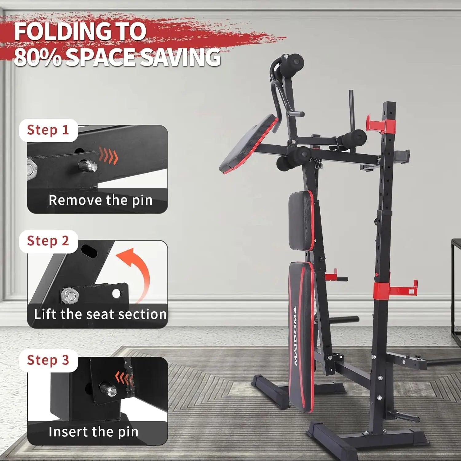 1500LB 6 IN 1 Weight Bench with Leg Extension Leg Curl Foldable Bench Press with Preacher Curl Squat Rack Workout Benches with S