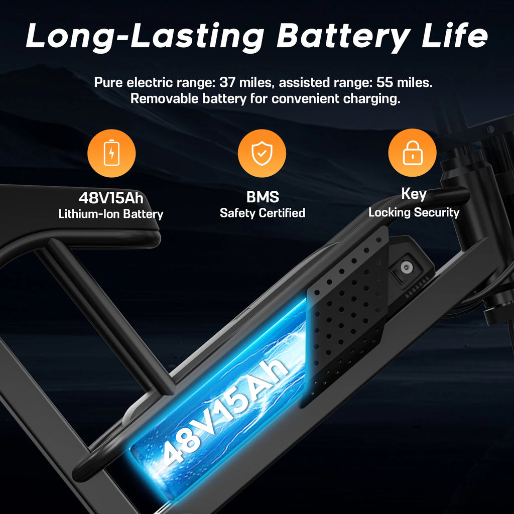 Spacewalk Mountain Electric Bike , 20" Fat Tire Ebike, Wider Seat 750W Peak Motor, Removable Battery, 4X Suspension Ebike