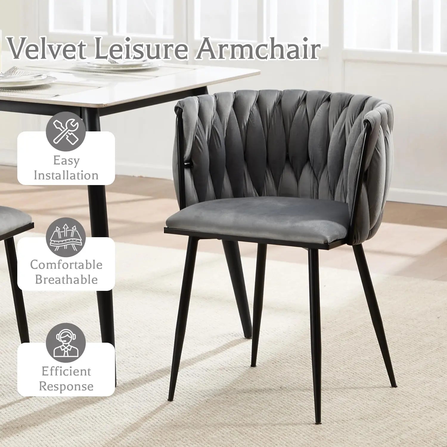 Velvet Upholstered Dining Chairs Set of 6 Woven Kitchen Leisure Armchair Modern Accent Powder-Coated Black Legs Grey, Customized
