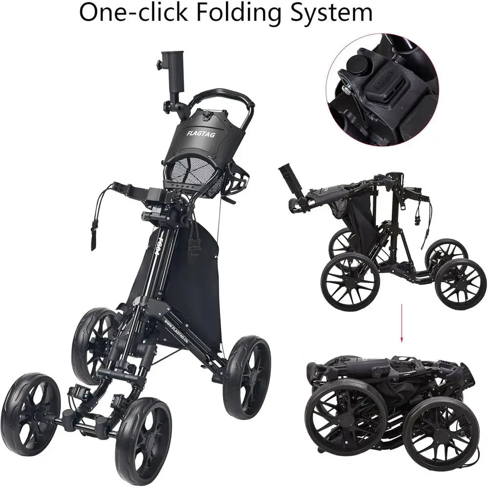 Push Cart 4-Wheels, Folding Golf Cart, Golf Pull Cart with Cup Holder, Umbrella Holder, Cooler Bag, Foldable with one-Click, Han