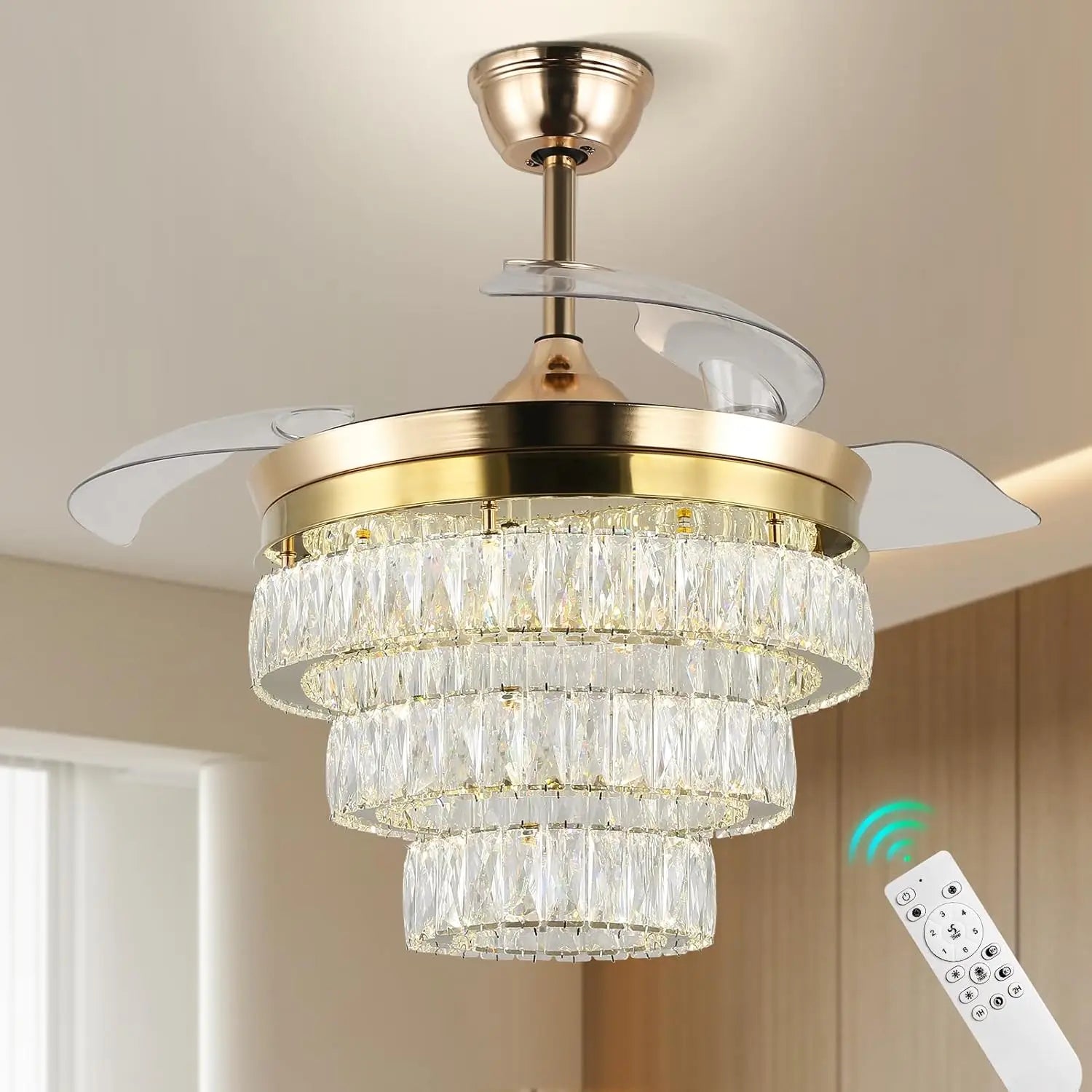 42'' Dimmable Chandeliers Fan, Crystal Ceiling Fan with Lights with APP & Remote Control, Gold Fandelier Ceiling Fan, 3 Color Ch