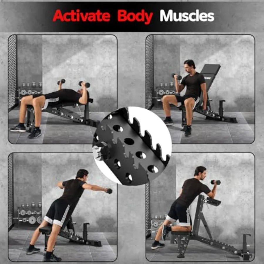 Adjustable Weight Bench With Headrest,1500LBS Workout Bench For Full Body,3"X3" Weight Benches For Home Gym,Gym Bench With Wheel