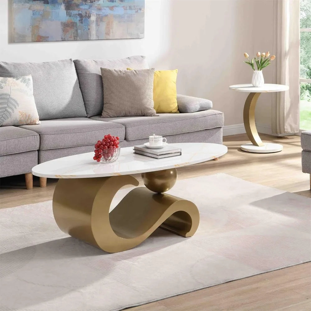2 Piece Living Room Set, Modern Nest Coffee Table Set of 2, Faux Marble Tabletop Oval Coffee and End Table Set with Gold Iron Ge