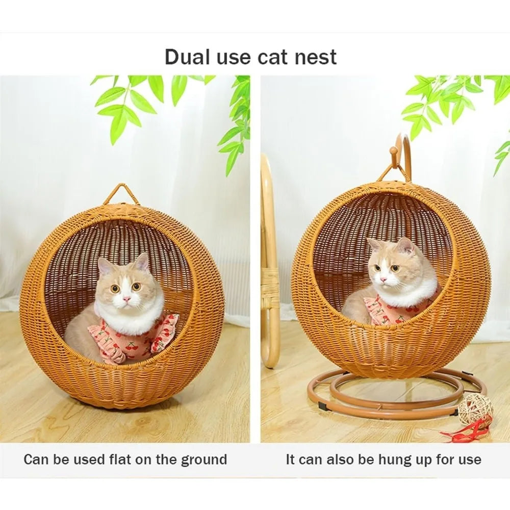 Handwoven Hanging Cat Hammock with Removable Cushion for Patio, Outdoor Pet Cat Bedding, Hanging Kitten Bed Green