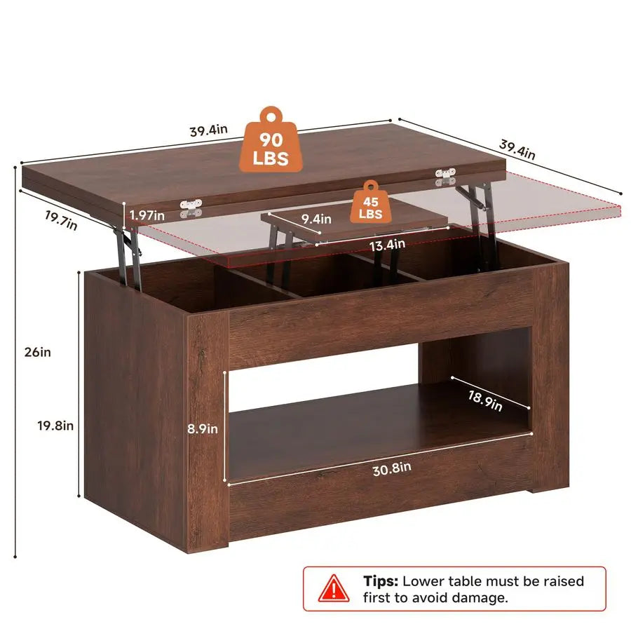 Lift Top Coffee Table, 4 in 1 MultiFunction Lift Coffee Table with Storage and Hidden Compartment, Convertible Coffee Tables to
