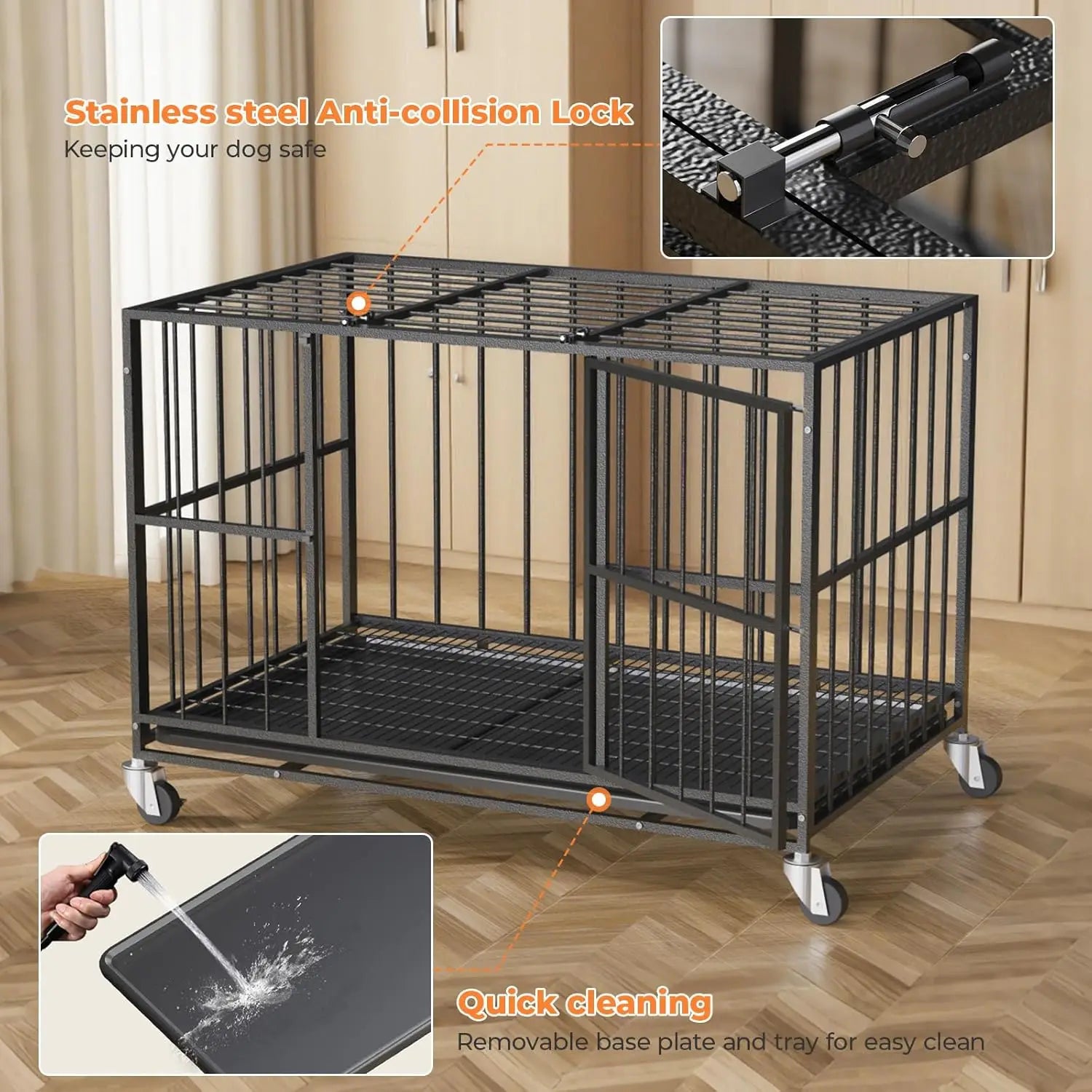 48 Inch Heavy Duty Dog Crate, Steel Escape Proof Indoor Double Door Cage with Removable Tray and Wheels for Large Dogs