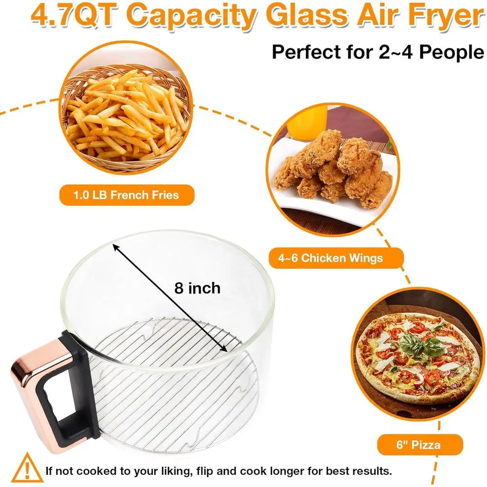 4.7QT Glass Air Fryer, 360° Viewable, 6-IN-1 Preset Cook, Digital Display, Adjustable Temp 100-400, Nonstick, Dishwasher Safe, W