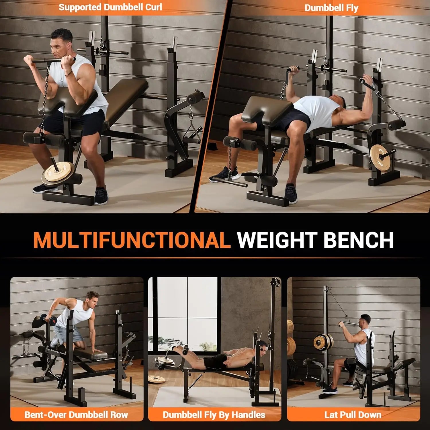 7 in 1 Strength Training Bench with Squat Rack 900 LBS Capacity Multifunctional Adjustable Foldable Workout Bench for Home Gym