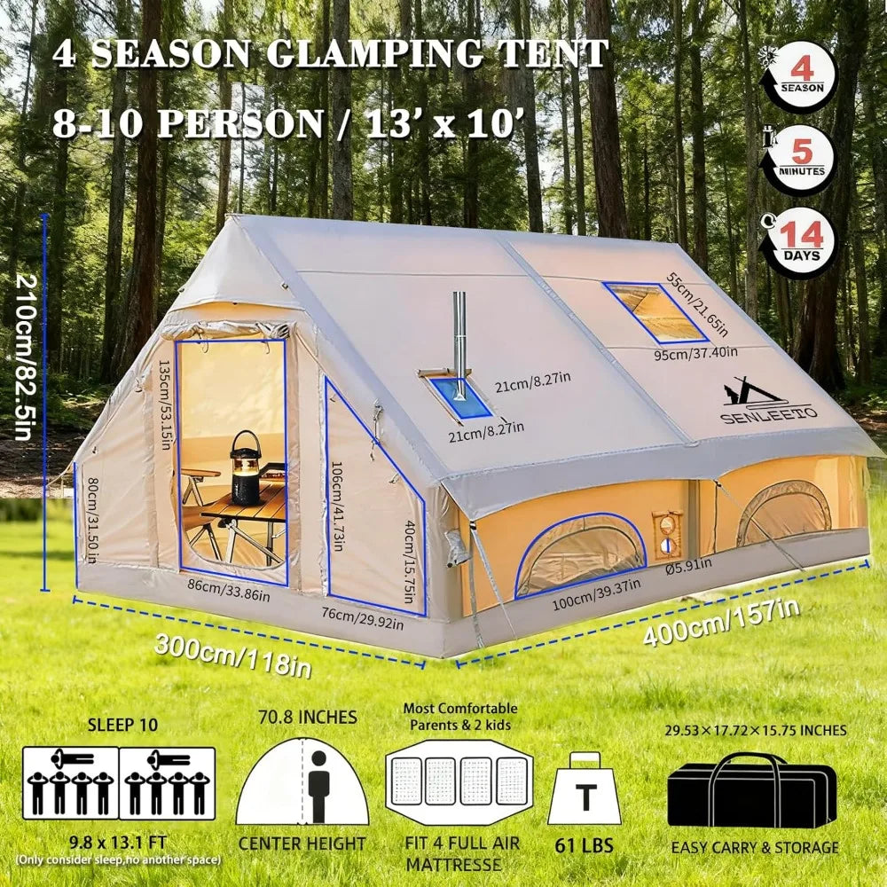 Large Inflatable Tents  4 Season Blow Up Tent with Rainfly, Waterproof & Sunproof, Luxury Inflatable House with Stove Jack