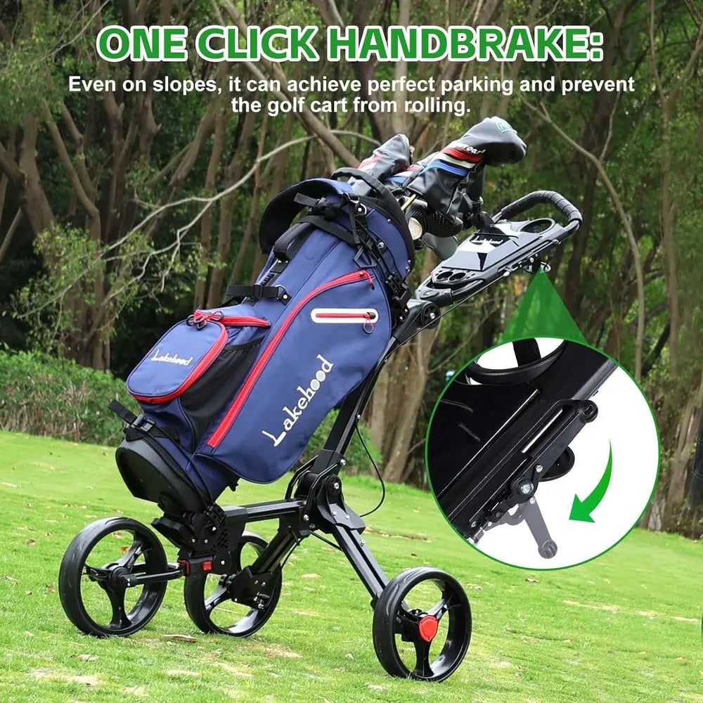 Golf Push Cart, 3 Wheel Foldable Golf Bag Cart, Easy to Open/Fold, Golf Caddy Push Cart with Umbrella Stand, Cup Holder, Scorebo