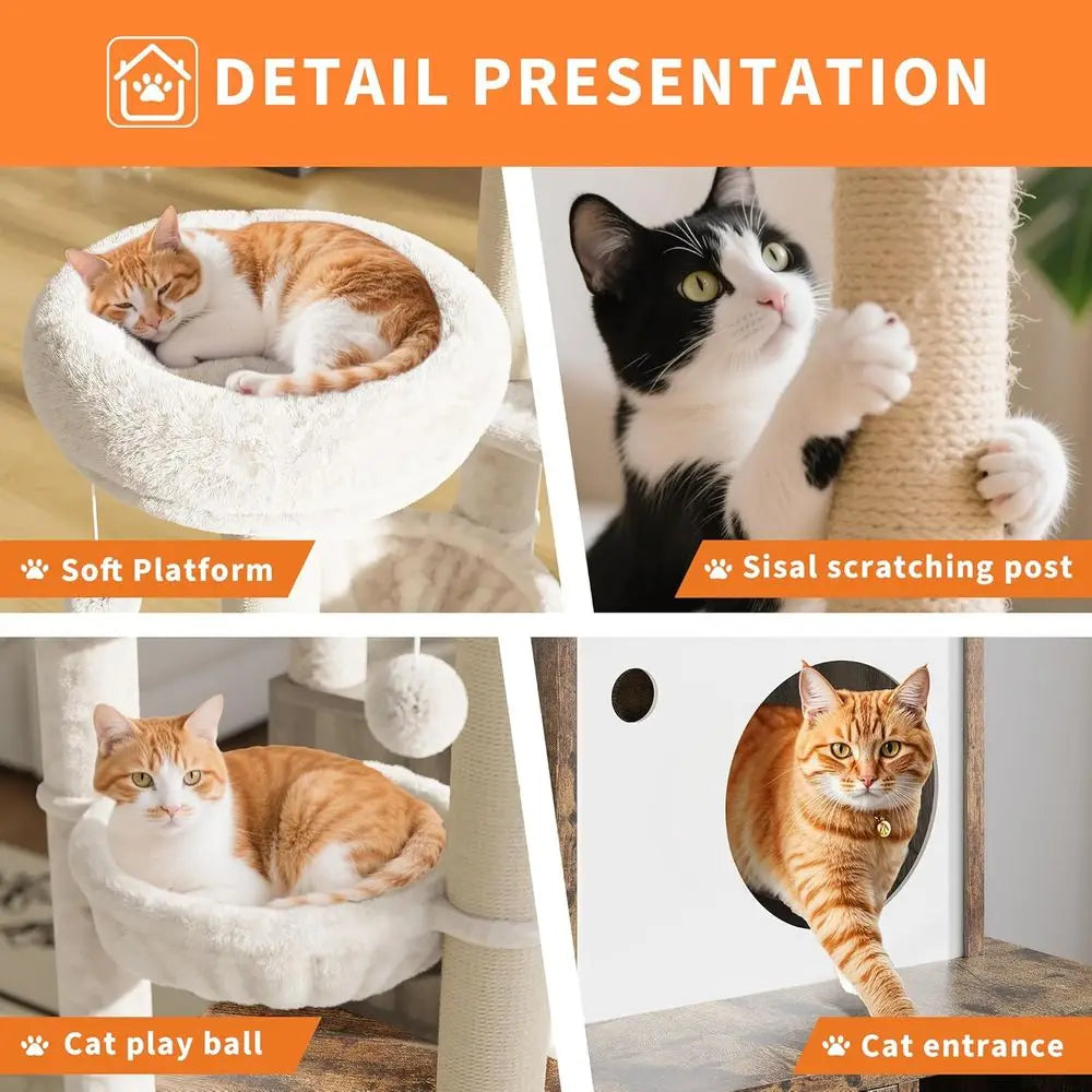 Litter Box Enclosure with Tree Tower and Condo, Wooden Cat Tower with Scratching Posts, Cat Hammock, Hidden Litter Box Furniture