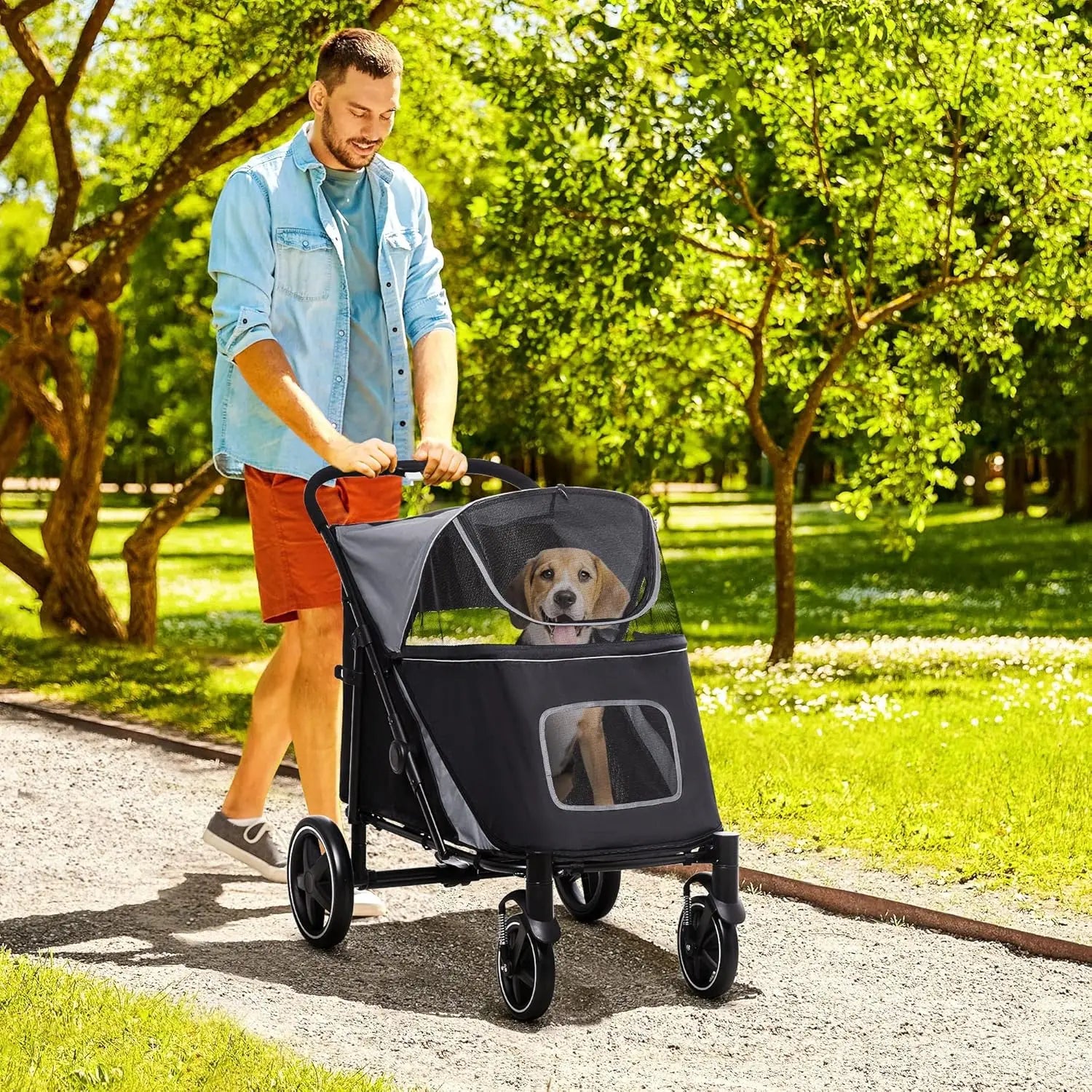 One-Click Foldable Doggy Stroller for Medium Large Dogs, Pet Stroller with Storage, Smooth Ride with Shock, Customized