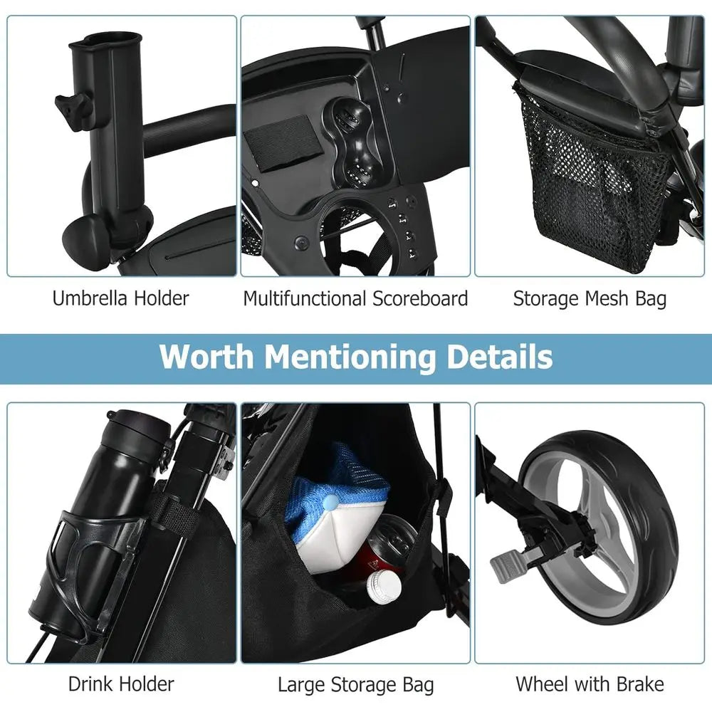 Lightweight Foldable 3-Wheel Golf Trolley with Seat, Push/Pull Cart, Foot Brake, Adjustable Umbrella Holder, 4 Height Positions