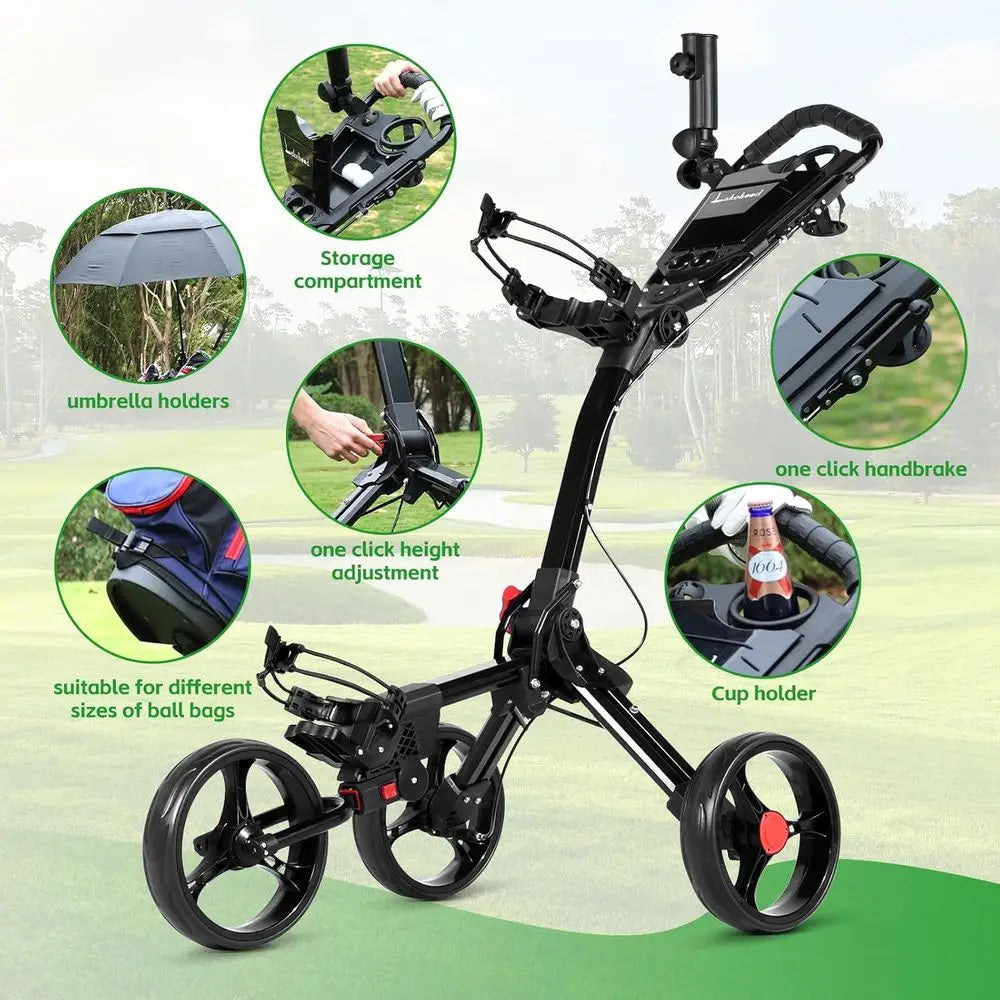 Golf Push Cart, 3 Wheel Foldable Golf Bag Cart, Easy to Open/Fold, Golf Caddy Push Cart with Umbrella Stand, Cup Holder, Scorebo
