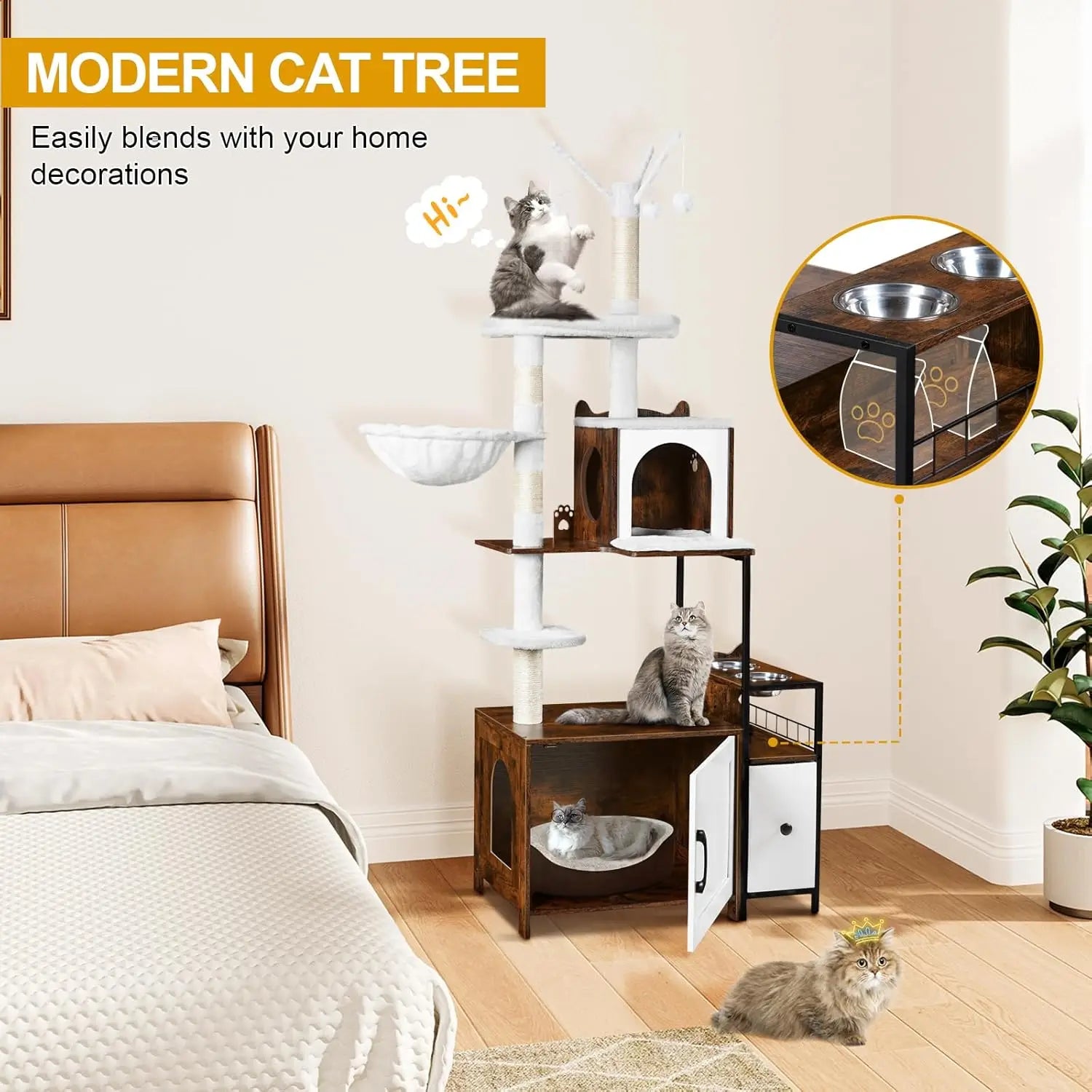3-in-1 Cat Tree with Hidden Litter Box, 67-inch Tall Cat Tower for Indoor Cats, Includes Condo and Feeding Station