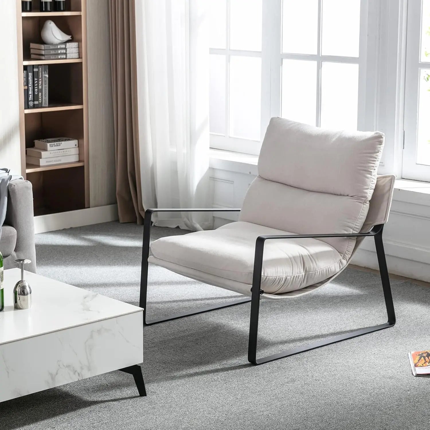 Mid-Century Accent Chair Armchair, Comfy Linen Fabric Leisure Chair Lazy Chair with Metal Leg for Living Room Bedroom Off