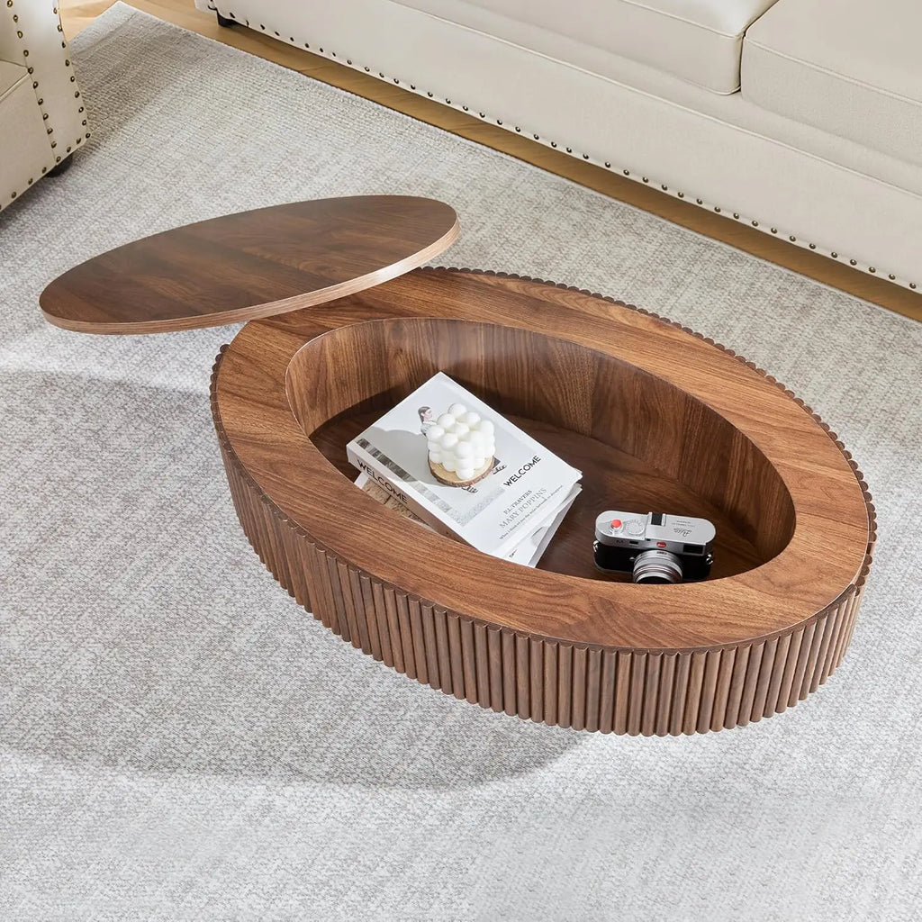 Oval Coffee Table with Hidden Storage, 31.5 Inch Wide Modern Coffee Table, Center Table with Fluted Veneered,, Customized