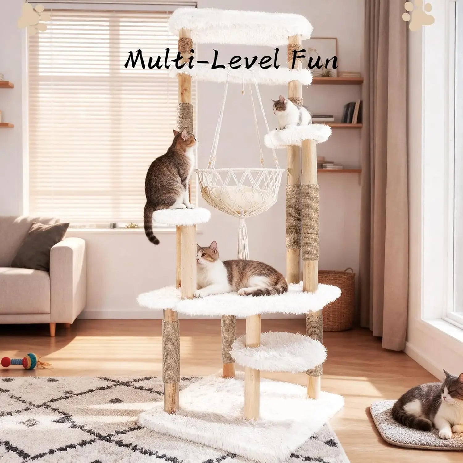 Modern Multi-Level Cat Tree Tower for Indoor Cats, 70" Tall Natural Solid Wooden Cat Tower with Sisal Scratching, Customized