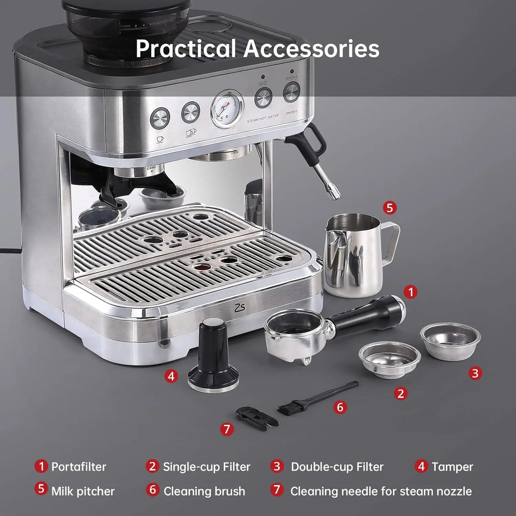 Espresso Machine Stainless Steel Coffee Machine with Milk Frother& Grinder 15 Bar Pump 58mm Sieve Handle Cappuccino Latte Maker