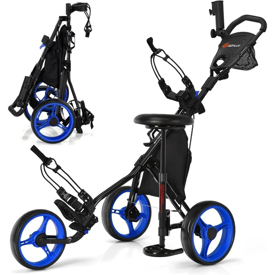 Lightweight 3-Wheel Golf Push Cart with Adjustable Seat and Handle Umbrella Holder Foot Brake Foldable Design for Easy Storage