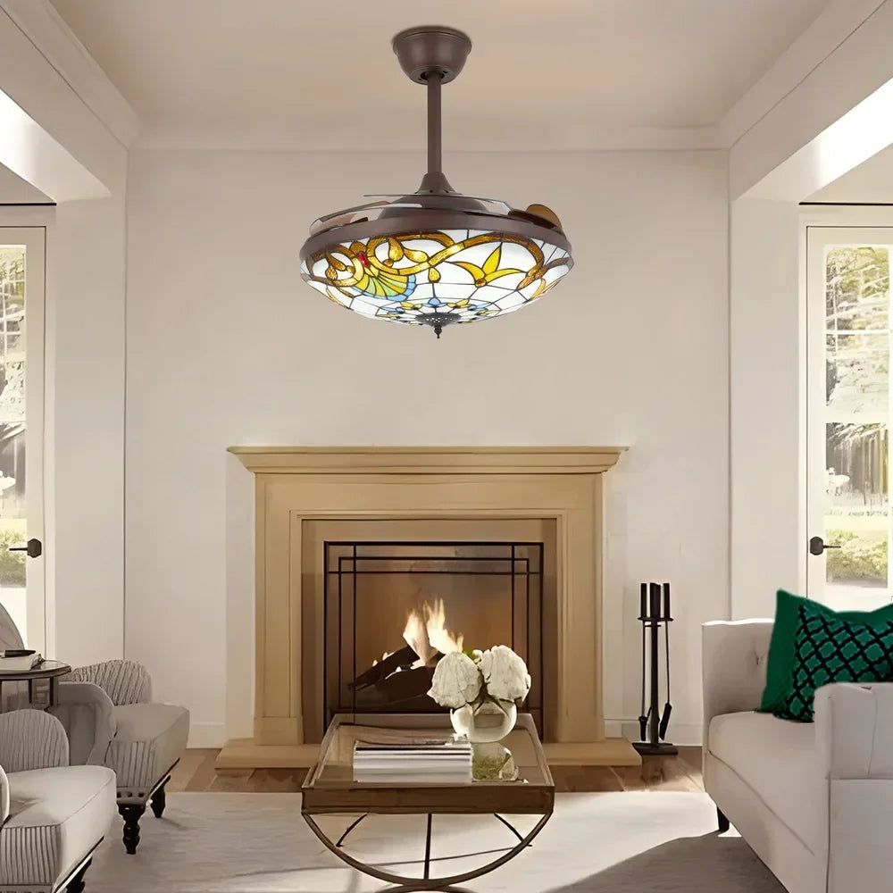 42 in Tiffany Style Ceiling Fan W/ Light, Remote Control, 3 Color Changing LED & 3 Speed Setting, Modern Fan for Living Room Use