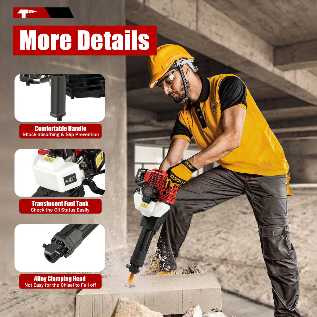 52CC 2-Stroke 1900W Gasoline Demolition Jack Hammer 20-55J Impact Concrete Breaker Rock Drill with Point Flat Chisel