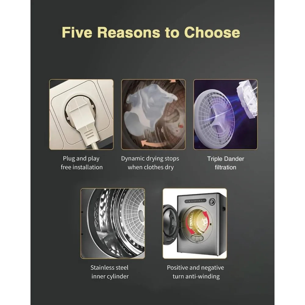 9-pound front mounted stainless steel washing machine with exhaust pipe and control panel, suitable forapartments and households