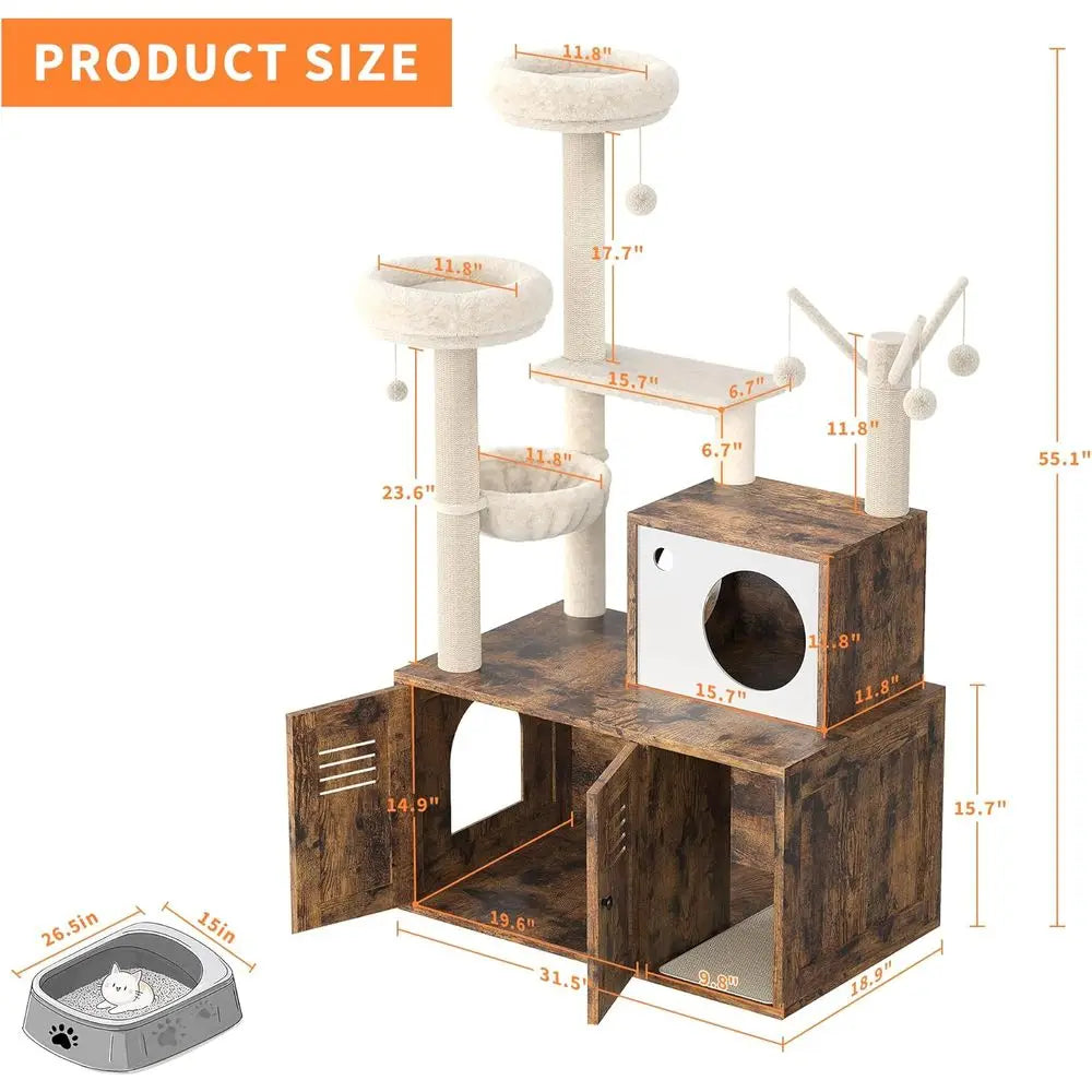 Litter Box Enclosure with Tree Tower and Condo, Wooden Cat Tower with Scratching Posts, Cat Hammock, Hidden Litter Box Furniture