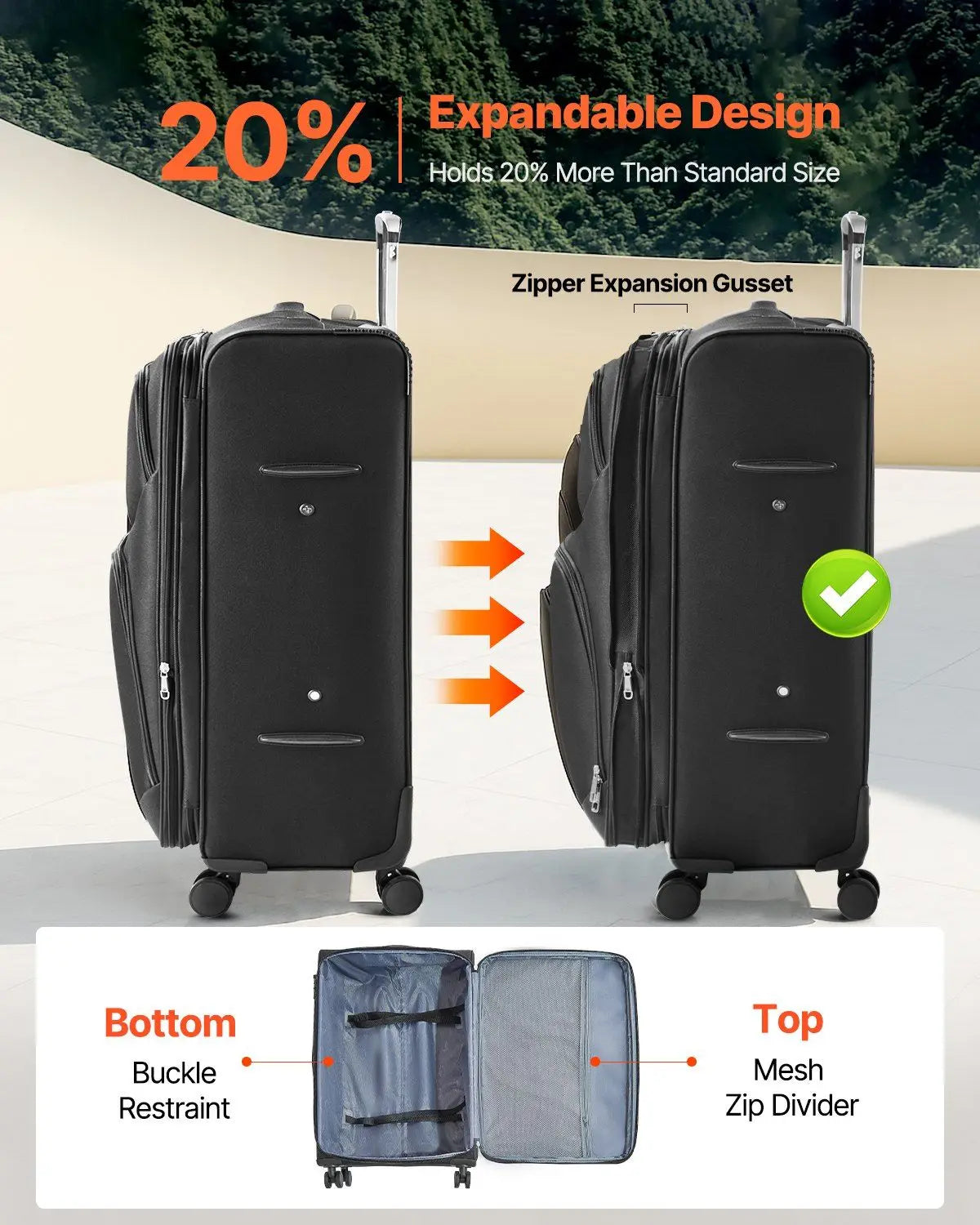 28Inch Lightweight Softside Luggage, Full-Lined 230D Interior, Smooth Glide Spinners, Auto-Expansion, Black