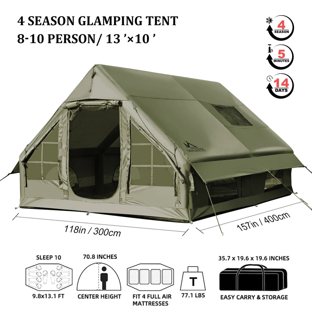 Army Green Waterproof Windproof Inflatable Tent for Camping,4 Season Air Glamping Tent House with Chimney Opening,AC Vent