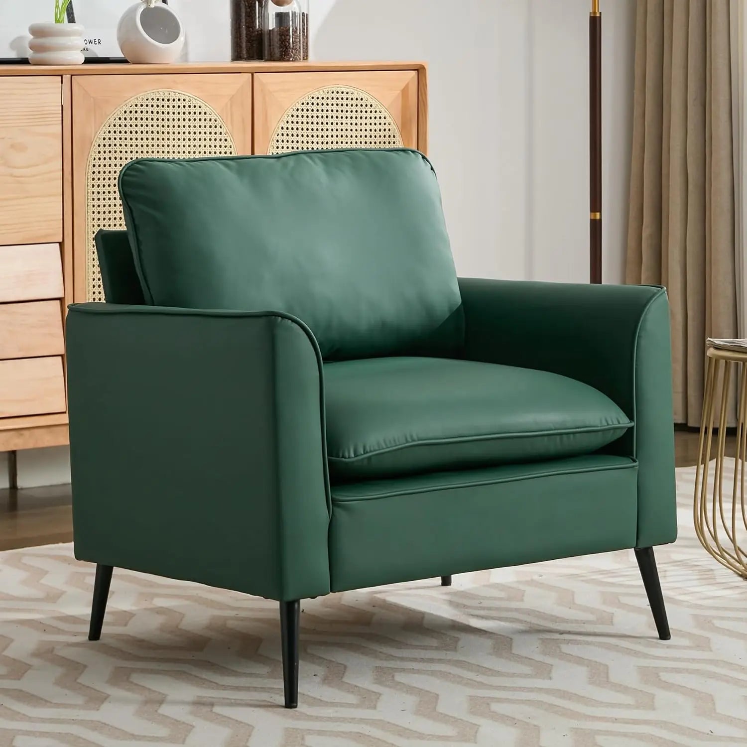Modern Accent Living Room Chairs, Leather Oversized Single Sofa Chair with Metal Legs, Mid Century Comfy Armchair for Bedr