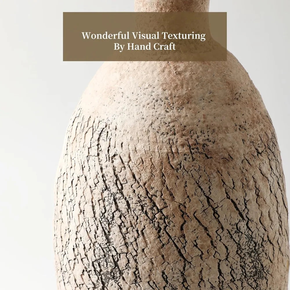 Large 18 Inch Beige Textured Handmade Vase for Modern Farmhouse and Living Room Decor, Ideal for Pampas Grass