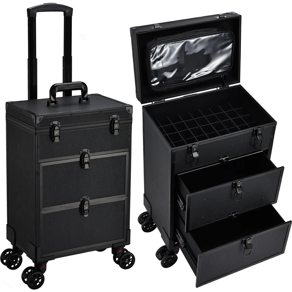 Professional 3 in 1 Rolling Makeup Case on Wheels 2 Large Drawer Nail Trolley Traveling Cosmetic Train Case with Makeup Pouch