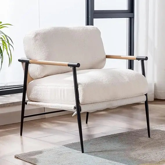 Mid-Century Accent Chair, Soft Armchair Sherpa Fabric Lounge Chair with Black Metal Legs, Upholstered Leisure Chair for Living R
